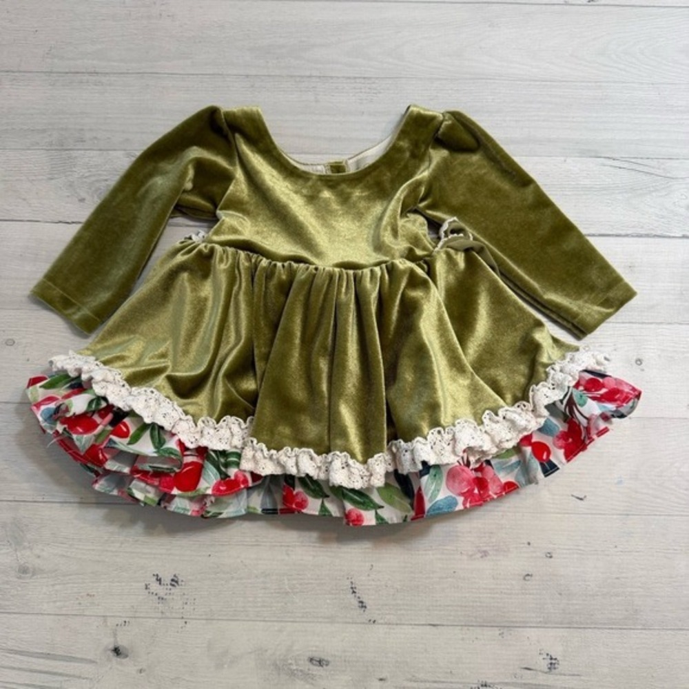 Be Girl Holiday Dress Green Velvet Ruffled Lace Red Bow Christmas Girls 6 months